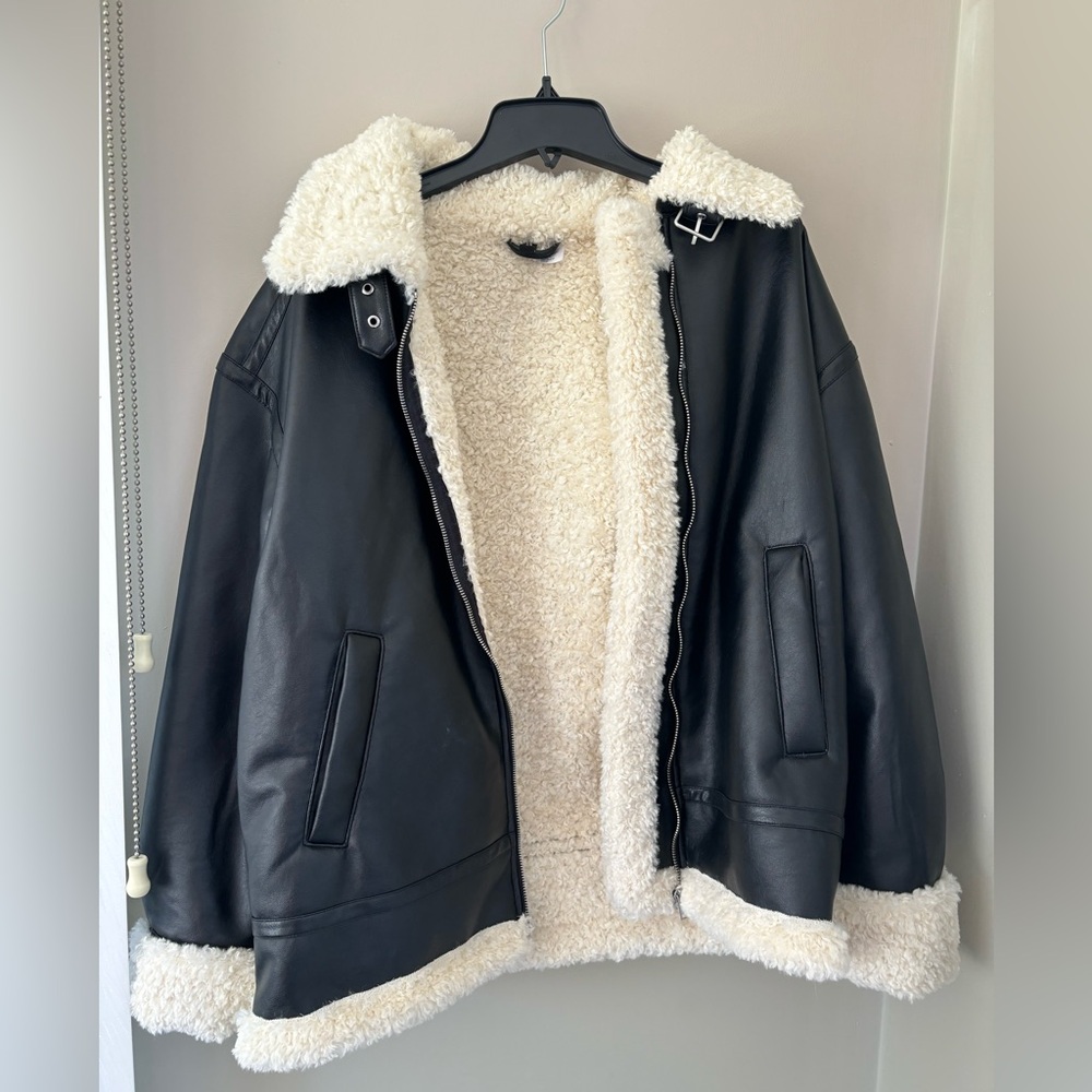 H&M Faux Fur Oversized Leather Jacket in Black